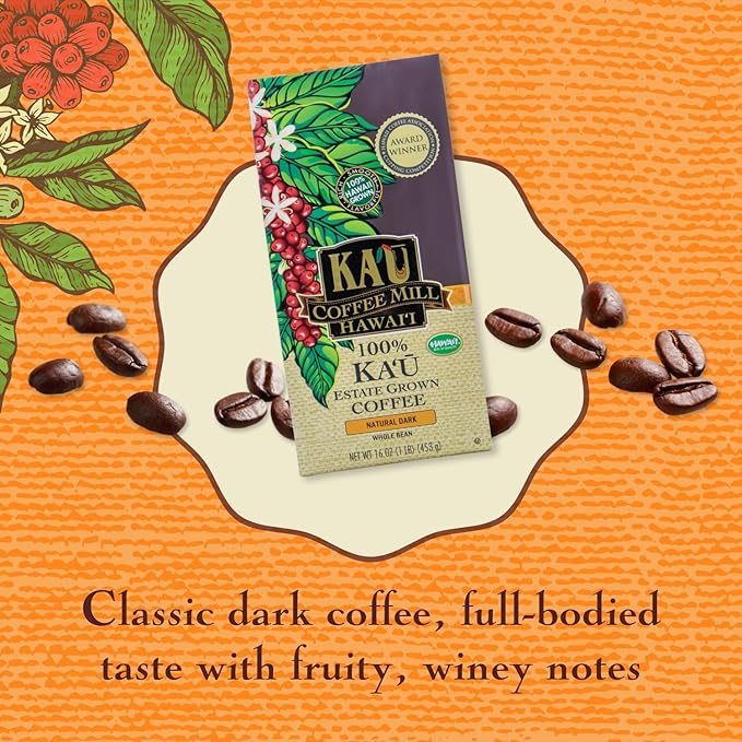 Ka'u Coffee Mill Natural Dark Roast Whole Bean Coffee - Fruit, Spice, Cocoa, & Molasses Notes - Handpicked & Naturally Processed Hawaii Grown Arabica Beans - Gourmet Premium Small Batch Coffee - 16oz - HAWAIIAN HILLS -  - #tag1# - #tag2# - 