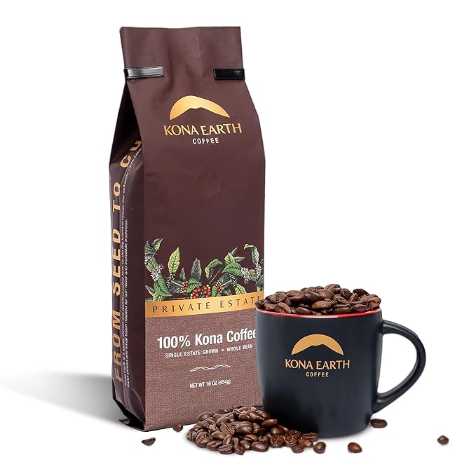 Kona Earth - Private Estate Farm Fresh, 100% Kona Coffee, Medium Dark Roast Coffee, Single-Estate Grown Micro-Batch-Roasted Whole Coffee Beans, 1 lbs. (Pack of 1) - HAWAIIAN HILLS -  - #tag1# - #tag2# - 