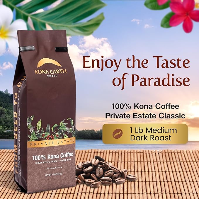 Kona Earth - Private Estate Farm Fresh, 100% Kona Coffee, Medium Dark Roast Coffee, Single-Estate Grown Micro-Batch-Roasted Whole Coffee Beans, 1 lbs. (Pack of 1) - HAWAIIAN HILLS -  - #tag1# - #tag2# - 