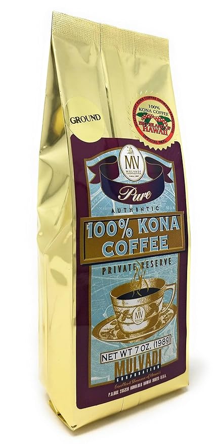 Mulvadi 100% Kona Coffee Private Reserve Ground 7 Ounces Resealable Bag (Pack of 1) - HAWAIIAN HILLS -  - #tag1# - #tag2# - 