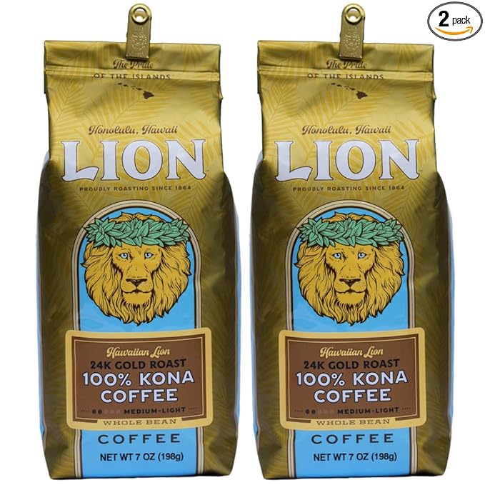 Reserve Lion Coffee, 24K Gold Roast, 100% Kona Whole Bean Coffee, 7 Ounce Bag (Pack of Two) - HAWAIIAN HILLS -  - #tag1# - #tag2# - 