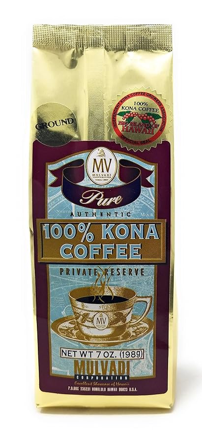 Reserve Mulvadi 100% Kona Coffee Private Reserve Ground 7 Ounces Resealable Bag (Pack of 1) - HAWAIIAN HILLS -  - #tag1# - #tag2# - 