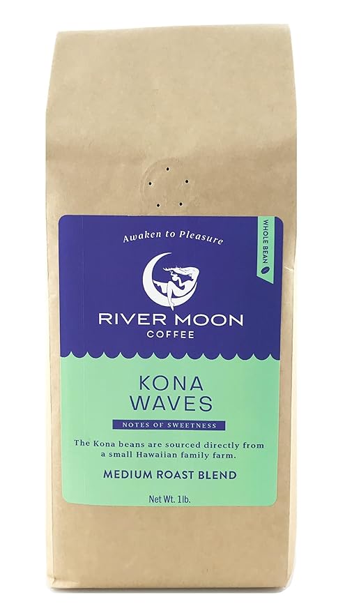 River Moon Coffee, Kona Coffee Whole Bean, Medium Roast, 16 Ounces, Kona Waves Hawaiian Coffee Blend, Sustainably Farmed, 1 pound, 100% Arabica - HAWAIIAN HILLS -  - #tag1# - #tag2# - 