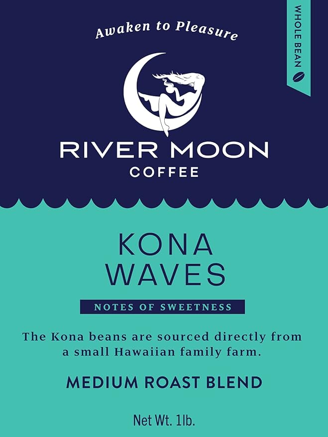 River Moon Coffee, Kona Coffee Whole Bean, Medium Roast, 16 Ounces, Kona Waves Hawaiian Coffee Blend, Sustainably Farmed, 1 pound, 100% Arabica - HAWAIIAN HILLS -  - #tag1# - #tag2# - 
